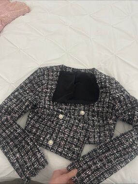MAJORELLE Black Tweed Cropped Blazer with Pink Accents
